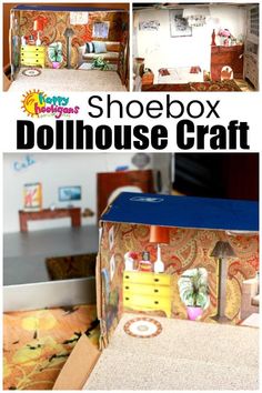 the dollhouse is made out of cardboard and has pictures of furniture in it, as well as an open box