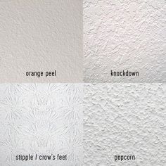 three different colors of paint on a wall with the words orange peel, purple crow's feet and popcorn