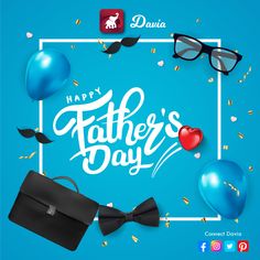 happy father's day card with balloons, glasses and bow tie on blue background