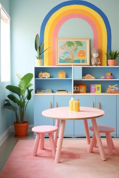 a child's playroom with pastel pink and blue furniture, potted plants and rainbow artwork