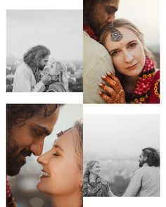 four different shots of people with their faces close to each other, one man holding the woman's head