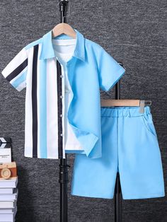 Tween Boy Color Block Short Sleeve Shirt And Shorts Set Baby Blue Casual  Short Sleeve Woven Fabric Striped  Non-Stretch  Tween Boys Clothing, size features are:Bust: ,Length: ,Sleeve Length: Shirt And Shorts Set, Boys Stripes, Shirt And Shorts, Boys Set, Teenage Boys, Casual Stripes, Blue Outfit, Boys Clothing, Preppy Outfits