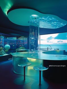 an aquarium is shown in the middle of a room with round tables and stools