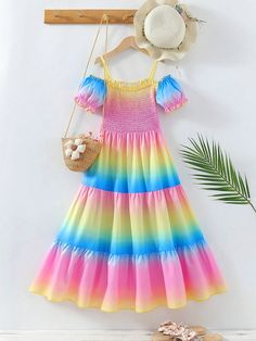 Multicolor Boho Collar Short Sleeve Polyester Ombre A Line Embellished Non-Stretch  Tween Girls Clothing Summer Rainbow Ruffled Dresses, Cute Rainbow Dress For Summer, Colorful Cute Summer Dresses, Cute Multicolor Summer Dress, Cute Colorful Summer Dresses, Rainbow Summer Dresses For Vacation, Playful Rainbow Summer Dress, Summer Vacation Rainbow Dresses, Casual Rainbow Dress For Summer