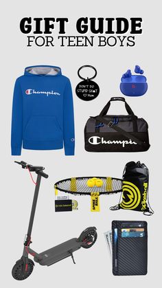 Collage of outdoor games, an electric scooter, a stylish wallet, a Champion hoodie, and Beats earbuds, perfect gift options for active and fashion-forward teen boys. Beats Earbuds, Fun Gift Ideas, Reading Instruction, Games For Teens, Mom Tips, Champion Hoodie