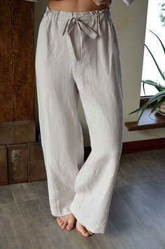 "Handmade wood rose soft linen Pajama pants for woman. Select size: XS Waist 66 - 68 cm. / (26\" - 26 3/4\") Hips 90 - 92 cm. / (35 1/2\" - 36 1/4\") S Waist 70 - 72 cm. / (27 3/4\" - 28 1/4\") Hips 94 - 96 cm. / (37\" - 37 3/4\") M Waist 74 - 76cm. / (29 1/4\" - 30\") Hips 98 - 100 cm. / (38 1/2\" - 39 1/4\") L Waist 78 - 80 cm. / (30 3/4\" - 31 1/2\") Hips 102 - 104 cm. / (40 1/4\" - 41\") XL Waist 82 - 84 cm. / (32 1/4\" - 33\") Hips 106 - 108 cm. / (41 3/4\" - 42 1/2\") XXL Waist 86-88 cm. / Pants For Woman, Cotton Casual Pants, Plain Pants, Pants Linen, Linen Pajamas, Linen Bottoms, White Linen Pants, Pants White, Linen Pants Women