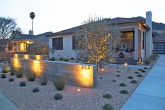 a house with lights on the side of it and landscaping in front of it at night