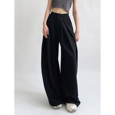 Loose High Waist Straight Leg Wide Leg Mopping Pants  Material: Cotton  Size: S, M, L Color: Black, Gray  Season: Spring, Autumn,   Occasion: Leisure, Outdoor, Daily, Vacation Trendy Black High Waist Wide Leg Pants, Trendy Black Wide Leg Pants, Black Bottoms With Loosely Fitted Hips And Wide Leg, Black Casual Wide Leg Pants, Fitted Black Wide Leg Casual Pants, Versatile Full Length Black Pants, Versatile Black Wide Leg Full Length Pants, Versatile Black Wide Leg Pants, Black Wide Leg Bottoms With Loosely Fitted Hips