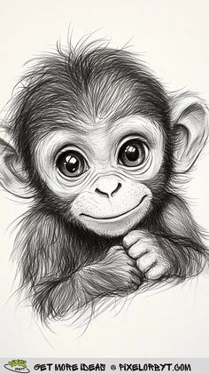 a black and white drawing of a monkey with its hand on it's chin