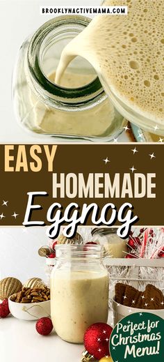 an easy homemade eggnog recipe in a mason jar with the title overlay