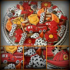 firetruck cookies are arranged on a plate