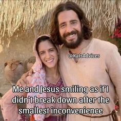 a man and woman standing next to each other in front of a tiki hut with the words me and jesus smiling as if i didn't break down after the smallest incon