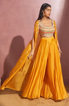 Aneesh Agarwaal | Yellow Jacket Sharara With Jacket And Blouse | INDIASPOPUP.COM Yellow Bollywood Style Choli, Cheap Orange Choli For Festivals, Sharara With Jacket, Yellow Blouse Designs, Jacket Sharara, Haldi Dress Ideas, Yellow Sharara, Haldi Ceremony Outfit, Haldi Dress