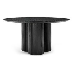 a round table with black marble top and two columns on the base, against a white background