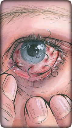 a drawing of an eye being held up by someone's hand with their fingers