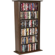 a tall wooden bookcase with many movies on it's sides and two shelves