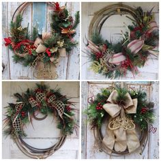 four pictures of wreaths with bows and bells