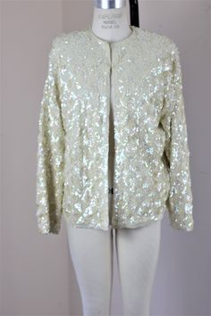 "Stunning jacket..in Excellent condition..circa 1960s...and heavily beaded... Measuring: 24\" length Width: 44\" Sleeves: 21\" Pet Free/smoke free Something old..something new... Beautifully hand beaded ivory sequin cardigan top Enjoy!" Fall Wedding Outerwear With Sequins, Long Sleeve Sequin Outerwear For Wedding, Beaded Party Dress, Wedding Shrug, Something Old Something New, Shrugs And Boleros, Sequin Cardigan, Something Old, Cardigan Top