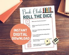 a printable book club roll the dice game on a wooden table next to books