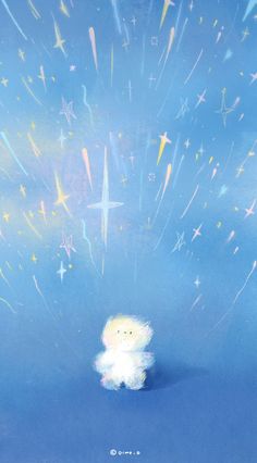 a small white teddy bear sitting in the middle of a blue background with stars and confetti