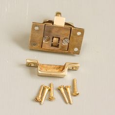 two screws and an old brass plated latch on a white surface with some screws