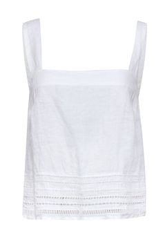 Get ready to vacation in style with our 120% Lino white linen square neckline tank blouse. The embroidered trim and flowy design make this top perfect for any warm-weather getaway. Pair it with some flowing pants and sandals for the ultimate vacation look. Size 6 (IT 42) 100% Linen Unlined Invisible side zipper Sleeveless Embroidered trim detail Bust 35" Waist 36" Shoulder to hem 21.5" Flowing Pants, White Flowy Top, White Linen Pants, Flowy Design, Vacation Looks, Embroidered Trim, Square Necklines, Tank Top Cami, Trim Detail