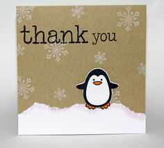 a card with a penguin on it and the words thank you written in black ink