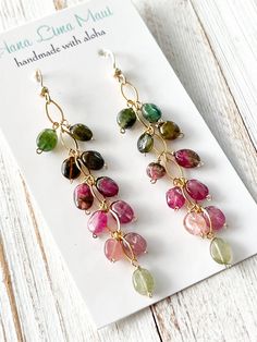 "Beautiful Watermelon Tourmaline cascade earrings, wrapped in 14 kt gold fill.  Drops 2 1/4\" below ear wire." Jewelry Making Classes, Handmade Wire Jewelry, Watermelon Tourmaline, Cluster Earrings, Beads And Wire, Bead Jewellery, Bijoux Diy