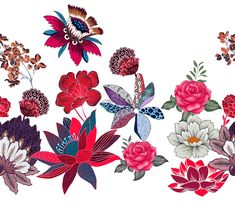 a bunch of flowers that are in the middle of some kind of art work on a white background