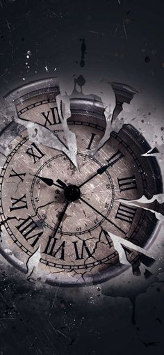 a broken clock with roman numerals is shown in the middle of an image