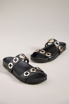 Leather upper, insole Rubber sole Slip-on styling Imported | Milan Slide Sandals by Larroudé in Black, Women's, Size: 6, Leather/Rubber at Anthropologie Gold Sandals With Studded Rubber Outsoles And Round Toe, Chic Flat Sandals With Studded Rubber Outsoles, Chic Flat Footbed Sandals With Removable Insole, Designer Sandals With Textured Footbed And Round Toe, Shoe Makeover, Modern Eclectic, Eclectic Style, Black Fits, Slide Sandals