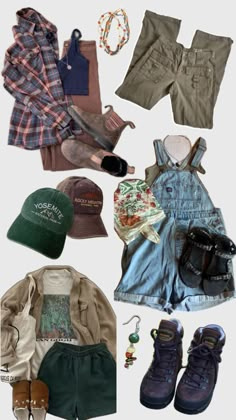 Granola girl aesthetic outfits, national park hats, hiking boots, beaded jewelry, overalls, bandanas, shorts, hiking pants, Tevas sandals Granola Style Outfits, Granola Girl Aesthetic Outfits, Outdoorsy Outfits, Girl Aesthetic Outfits, Outdoorsy Girl