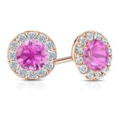 These radiant diamond halo gemstone earrings come set with 1.00 ct. total weight pink sapphire as center stone embedded with small 0.50 ct. total weight round-cut diamonds as side stone in a 14k rose gold metal, together takes a total weight of 1.50 ct. and are available with push-back, screw back or lever back clasps. Black Diamond Pendant, Black Diamond Studs, Halo Diamond Earrings, Solitaire Diamond Pendant, Rose Gold Halo, Colored Diamond Rings, Halo Earrings, Set Earrings, Halo Setting