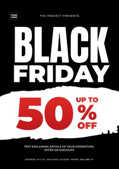 black friday sale poster with 50 % off descuento on the front and back