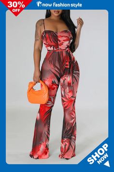 Red Sexy Print Bandage Patchwork Spaghetti Strap Regular Jumpsuits Suit With Belt, Printed Pants Style, Strapless Bodysuit, Romper Suit, Backless Jumpsuit, Bodysuit Top, Pants Suit, Bell Bottom Pants, Ankle Length Pants