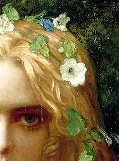 a close up of a painting of a woman with flowers in her hair and leaves on her head