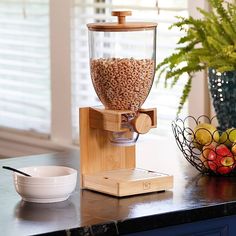 a blender sitting on top of a counter next to bowls of fruit and vegetables