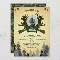 Come in and check out our doorbuster deals! - Rustic Deer Hunting 1st Birthday Party Invitation $2.66 | Birthday Invitations #hunting #birthdayparty #camouflage #hunter #kids #boys #woodland #wild #buck #first Hunting 1st Birthday Party, Hunting 1st Birthday, Hunting Themes, Hunter Kids, Hunting Party, 1st Birthday Party Invitations