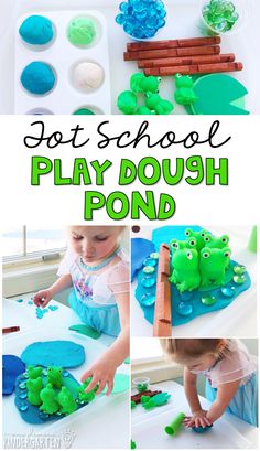 a collage of photos showing how to make play dough pond