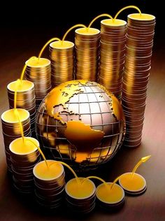 a globe surrounded by stacks of gold coins and lit candles on a wooden table with the earth in the middle