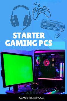 a computer with headphones and a keyboard next to it is the words, starter gaming pc