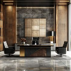 an elegant office with marble walls and flooring