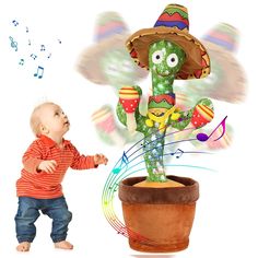 a small child standing next to a potted plant with music notes coming out of it