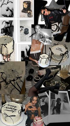 a collage of black and white photos with cakes, pictures, and other items