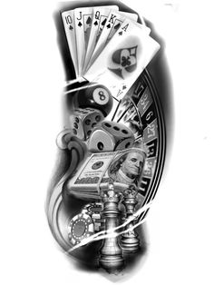 a black and white drawing of playing cards