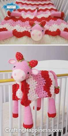 crocheted baby cow blanket in pink and white with red stripes on the bottom