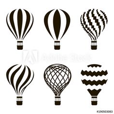 six hot air balloons in different shapes and sizes, black and white illustration on white background