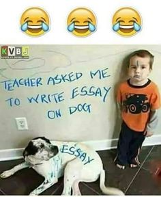 a little boy standing next to a dog on top of a tile floor with emoticions written on the wall behind him