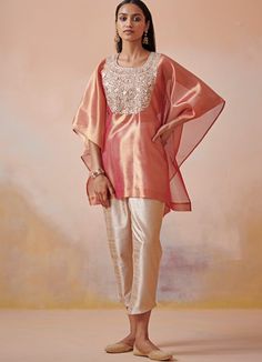 Rust and Beige Tissue Kaftan set Suhino - Fabilicious Fashion Tissue Dress Designs, Kaftan Co Ord Set, Rakhi Outfit Ideas, Short Kaftan Tops, Co Ords Outfits Indian, Kaftan Set, Kaftan Design, Cutwork Saree, Kaftan Tops