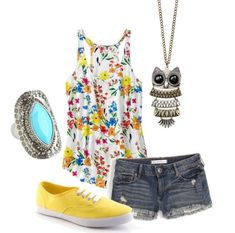 a woman wearing shorts, tank top and yellow shoes with an owl necklace on it